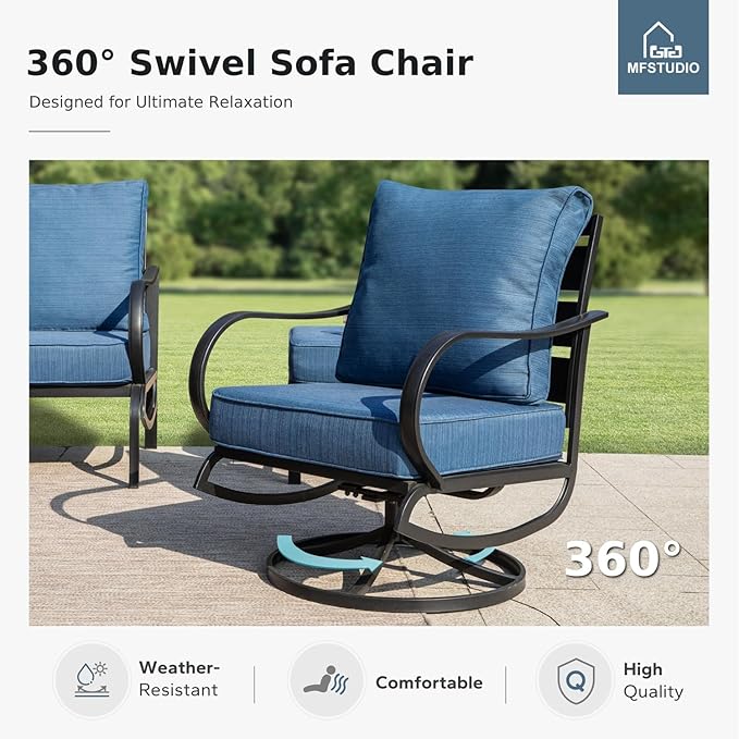 MFSTUDIO 6 Pieces Patio Furniture Sets with 45" Gas Fire Pit Table(Up to 7 Seat),Outdoor Metal Frame Patio Conversation Sofas with 1 x 3-Seat Sofa, 2 Swivel Chairs and 2 Ottoman, Peacock Blue Cushion