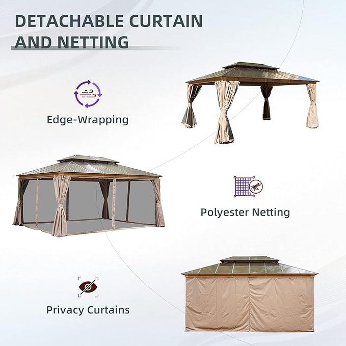 Domi 12' X 16' Hardtop Gazebo with Polycarbonate Double Roof, Aluminum Frame, Curtains & Netting, All-Weather Backyard Shade Structure for Patio, Garden, Deck, and Lawn, Wood-Look Finish