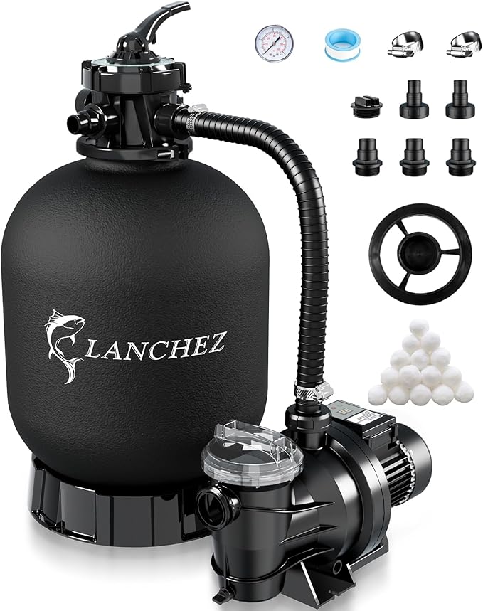 LANCHEZ 18" Sand Filter Pump for Above Ground Pool with Timer, 1.5 HP Pool Pump, Max 4900 GPH for Pools Up to 20,000 GAL, 6-Way Valve Pool Sand Filter System