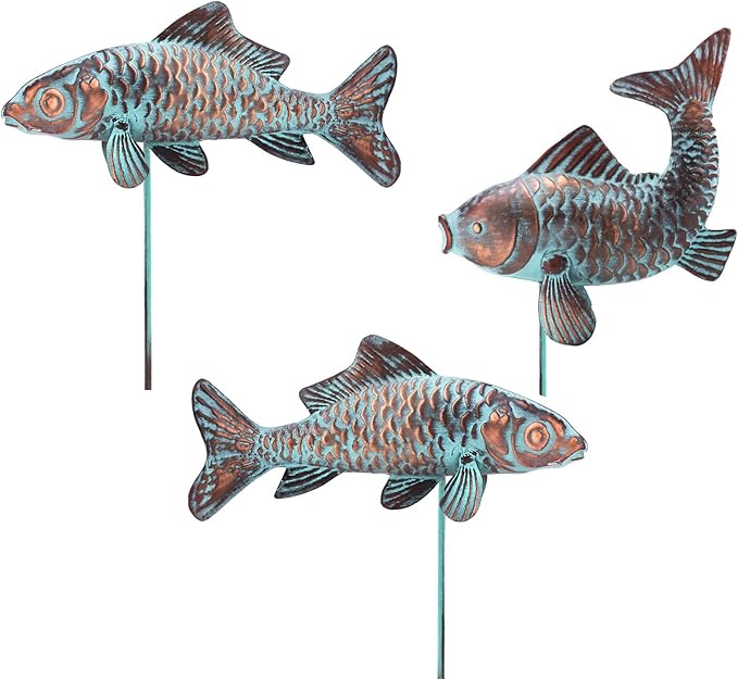 CLYB Outdoor Garden Sculptures & Statues Koi Fish Decor Antique Koi Garden Decor for Outside,Patio,Backyard,Pond,Home Decoration,Metal Fish Sculptures,Gardening Gifts for Women Mom Grandmom,Set of 3