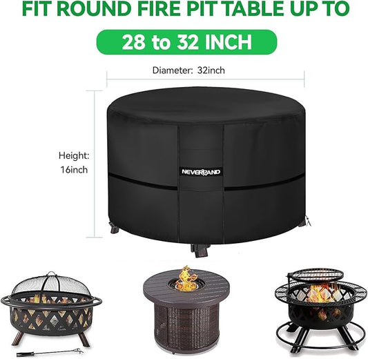 NEVERLAND Fire Pit Cover Round - Waterproof Outdoor Firepit Covers Round for 28-32 Inches 600D Oxford Heavy Duty Patio Gas Fire Pit Covers with 4 Buckle Straps and Air Vents, 32 x 16 Inch Black