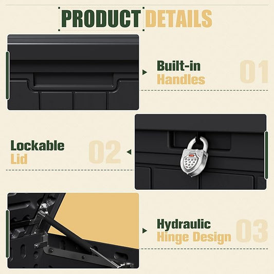 JUMMICO 270 Gallon Outdoor Storage Deck Box with Divider, Double Wall Storage Box with Lockable Lid for Garden Tools, Pools Supplies (Black)