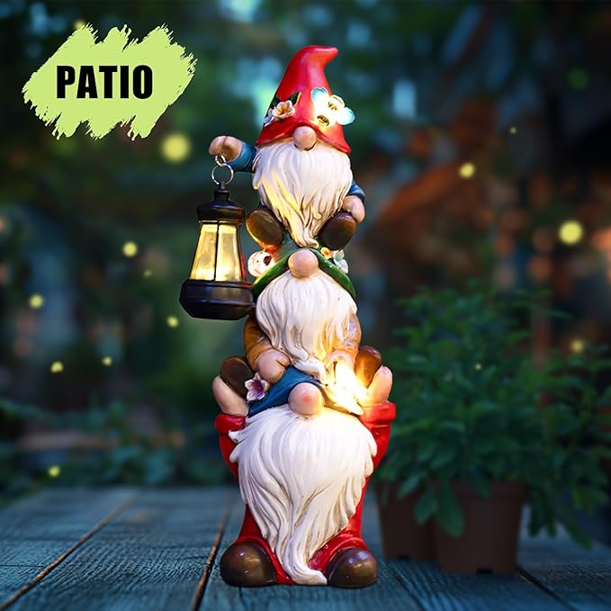 twinbling Garden Gnome Statue with Solar Lights Garden Sculptures Funny Triple Gnome Outdoor Patio Lawn Yard Balcony Home Decor Birthday Gift for Woman Grandma 12 in Spring Gnomes