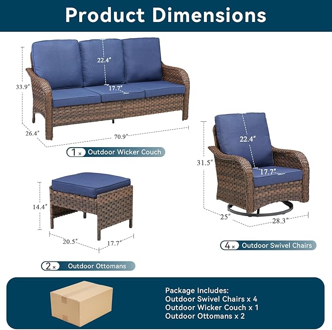 Wicker Patio Furniture Set-7 Pieces All-Weather Wicker Outdoor Furniture with High Back Outdoor Swivel Rocking Chairs Patio Conversation Sets for Garden Porch Deck Brown/Blue