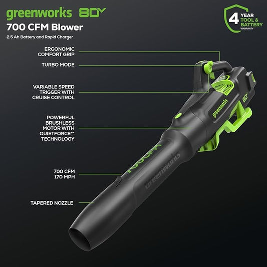 Greenworks 80V (700 CFM / 170 MPH) Brushless Cordless Leaf Blower, Commercial-Grade Power, 40-Min Rapid Charger for Wet Leaves, Heavy Debris, Gravel and Driveway Snow, Includes 2.5Ah Battery & Charger