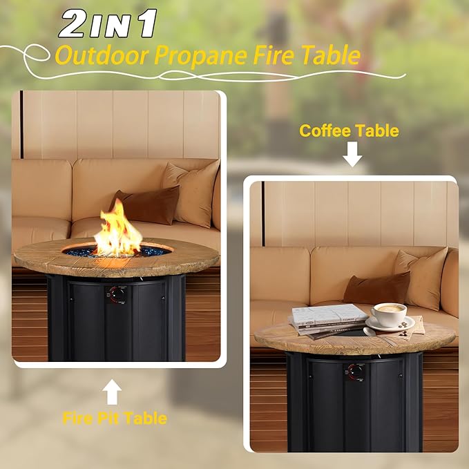 30 Inch Round Propane Fire Pit Table,50000 BTU Outdoor Fire Pit with Automatic Ignition & Lid Cover,Portable Iron Steel Firepit for Patio,Deck,Backyard Garden w Glass Stones & Rain Cover