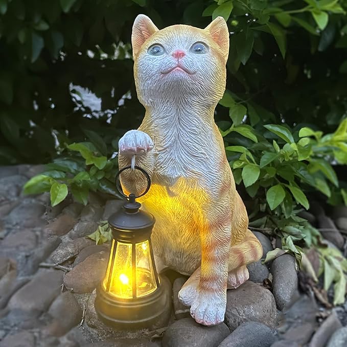 halp·ssfm Garden Decor Solar Cat Statues with Solar Lantern Outdoor Decor Lovely Tabby cat Figurine Halloween Yard Decoration Spooky Lawn and Garden Decor Holiday Party Ornament for Cat Lovers
