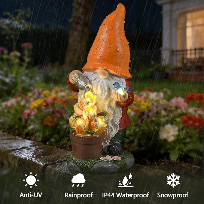 Ayadon Solar Gnome Statue Outdoor Decor,Gnome Figurines with Flower LED Light for Garden Decorations for Patio Lawn Balcony Fairy Gardens,Housewarming Gifts for Women Mom