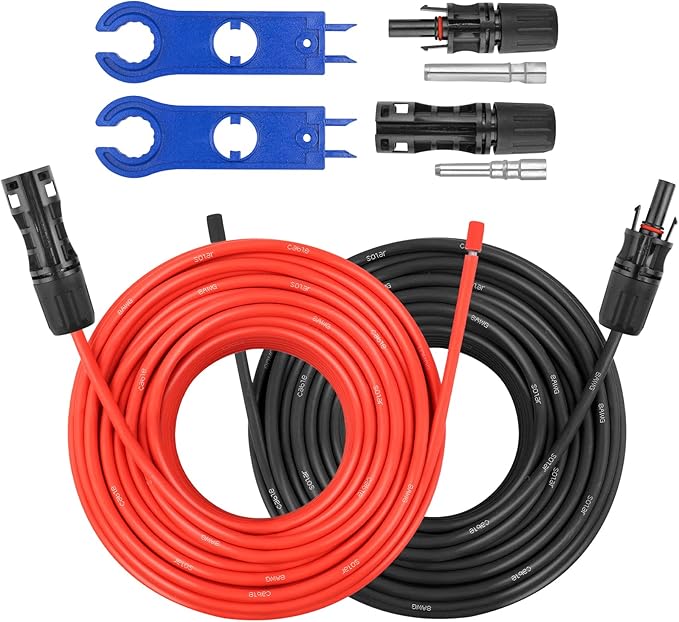 8AWG Solar Extension Panel Cable - 100FT PV Wire with Waterproof Female and Male Connector and Adaptor Kit Tool PV Wire for RV, Home, Boat, Solar Panels(100feet Red + 100feet Black)