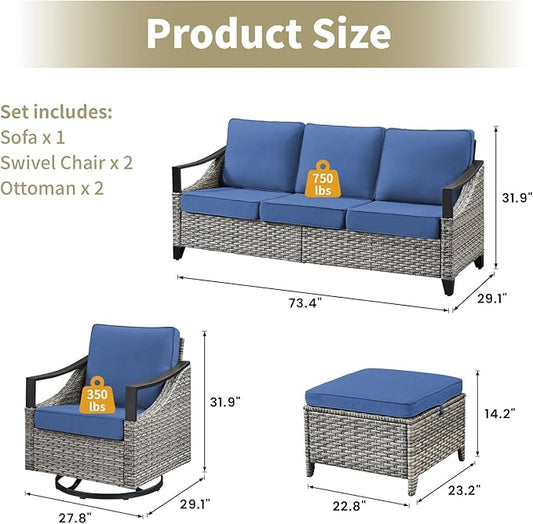 5 Pieces Patio Furniture Sets - All Weather Outdoor Swivel Rocker Patio Chairs with 3-Seat Sofa and Multifunctional Ottomans, Outdoor Conversation Set for Garden Porch Balcony Deck Gray/Blue