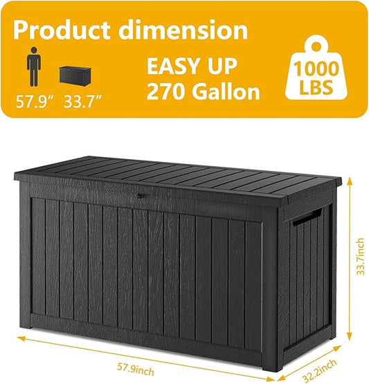 Mersco 270 Gallon Double-Wall Resin Deck Box - Lockable Waterproof Outdoor Storage Box, 1000lbs Capacity & Doubles as Seating for Patio Furniture - Garden Tools, Pool Accessories (Black)