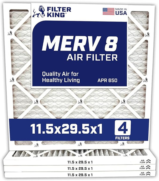 Filter King 11.5x29.5x1 Air Filter | 4-PACK | MERV 8 HVAC Pleated A/C Furnace Filters | MADE IN USA | Actual Size: 11.5 x 29.5 x .75"