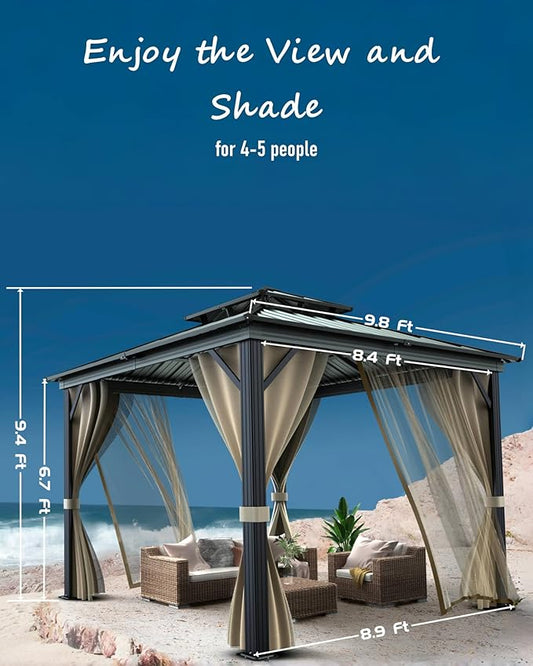 GarveeLife 10 ft x10 ft Hardtop Gazebo for All Weather, with Double Metal Roof, Aluminum Alloy Frame, Net, and Curtain, Permanent Building for Patio, Deck, Backyard, Lawn, and Garden