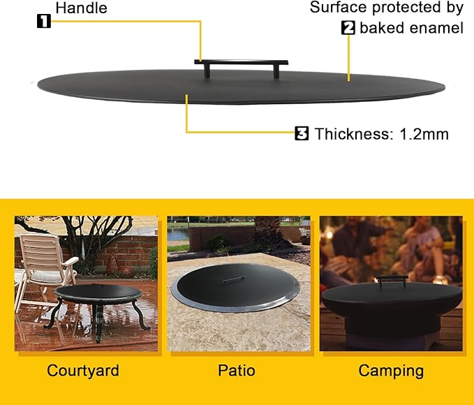 34" Fire Pit Cover Lid Round Outdoor Fireplace Cover Lid Heat Resistant Flat Fire Pit Burner Pan Cover for Round Patio Fire Pit Prevent Sparks, Snuff Campfire