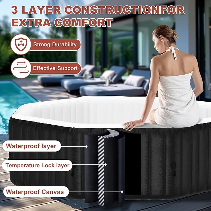 LILYPELLE 4-6 Person Inflatable Hot Tub, Large Octagonal Portable Hot Tub with 130 Bubble Jets, Outdoor Spa Bathtub Set Included Heater Pump, Filter and Insulated Cover, 77" X 77" X 25"
