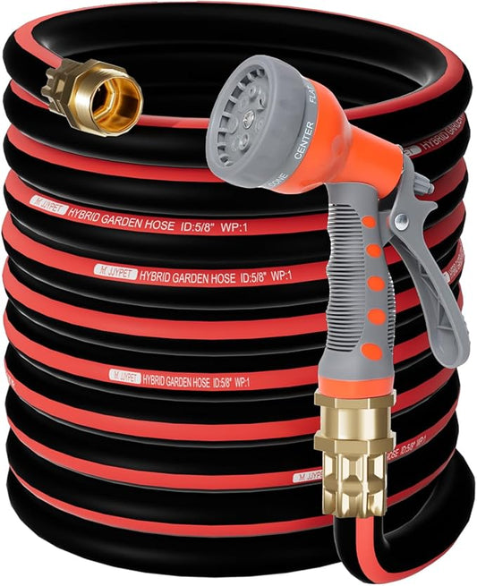 50FT Heavy Duty Flexible Garden Hose,Outdoor Water Hose 5/8Inch with 7 Pattern Spray Nozzle,No Tangle Rubber Hose Car Washing Pipe with 3/4"100% Solid Brass Fittings
