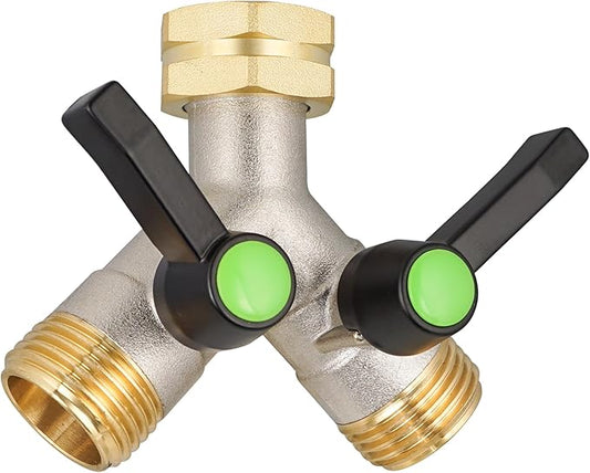 Hose Splitter 2 Way, Brass High Flow Garden Hose Splitter Heavy Duty, Hose Connector, Water Spigot Splitter, Full Flow Faucet Splitters with shutoff, 3/4” GHT Inlet