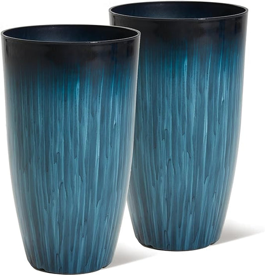 Worth Garden 23.5" Tall Plastic Planters Set of 2 with Drainage Holes, Gradient Blue Glossy Finish, Large Lightweight Round Plant Pots for Indoor Outdoor Use, Decorative Flower Pots for Front Porch