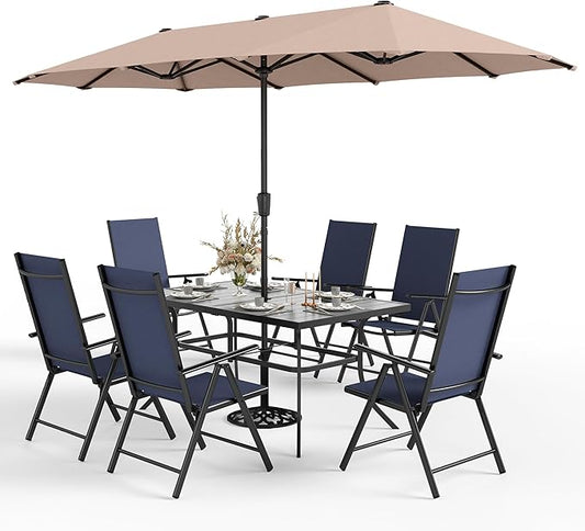 Sophia & William 7 Pieces Patio Dining Set with 13ft Beige Umbrella, Folding Outdoor Dining Chairs for 6, Rectangular Metal Patio Table and Sling Chairs Set, Blue