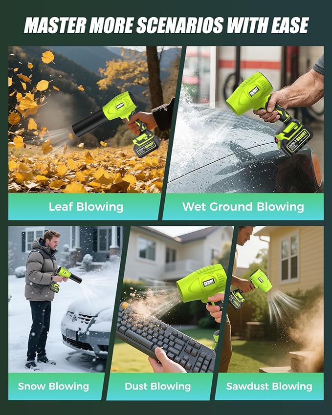 SNJORT Leaf Blower Cordless with Battery and Charger, 980,000 RPM, Extended Nozzle, Lightweight Handheld Design,Blower for Lawn Care, Patio，Birthday Gifts for Men Dad Husband（Moss Green