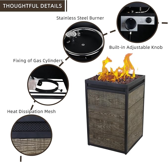 Afterglow Terrafab Grey Panels with Steel Frame 16" Square 40,000 Btu Propane Fire Column Outdoor Wood Effect Fire Pit for Outdoor Patio Garden Backyard Decking Decor CSA Certificated