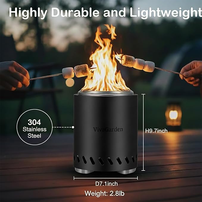 Smokeless Tabletop Fire Pit, VivaGarden Portable Outdoor Fire Pit for Camping, Patio, Backyard, Wood and Pellets Burning Camping Stove with Carry Bag, Forks, Mat and Pot Stand (9.7x7.1 Inch, Black)