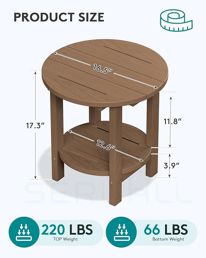 SERWALL Round Outdoor Side Table Set of 4, HDPE Small Adirondack Double End Table, Brown