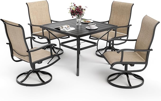 5-Piece Outdoor Dining Set, Patio Furniture Set with Textilene Swivel Chairs, Outdoor Table & 4 Chairs for Garden, Backyard, Poolside, Deck, Beige