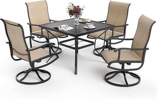 5-Piece Outdoor Dining Set, Patio Furniture Set with Textilene Swivel Chairs, Outdoor Table & 4 Chairs for Garden, Backyard, Poolside, Deck, Beige