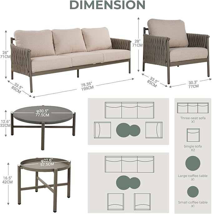 Grand patio 5-Piece Outdoor Furniture Set, Outdoor Sofa Set with 2 Round Side Tables, Modern Metal Patio Couch with 6-inch Thick Waterproof Cushions for Porch Deck Backyard