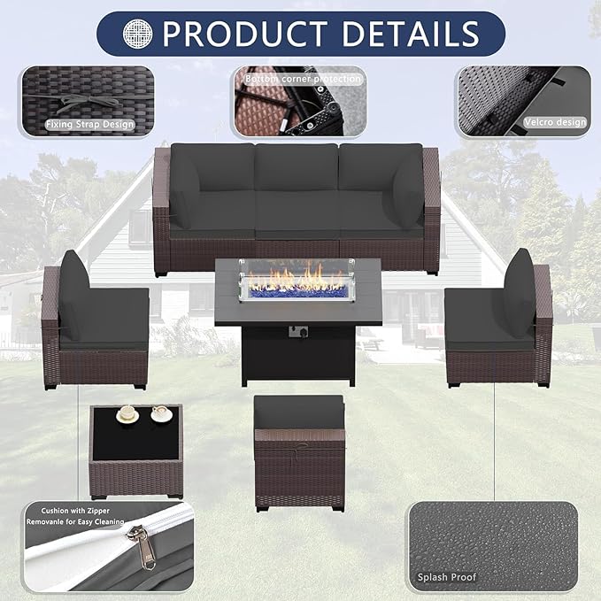 11 Pieces Patio Furniture Set with 2 Swivel Chairs Patio Furniture Outdoor Sectional Sofas with 55000 Gas Fire Pit Patio Conversation Set w/7 Cushions