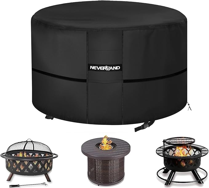 NEVERLAND Fire Pit Cover Round - Waterproof Outdoor Firepit Covers Round for 28-32 Inches 600D Oxford Heavy Duty Patio Gas Fire Pit Covers with 4 Buckle Straps and Air Vents, 32 x 16 Inch Black