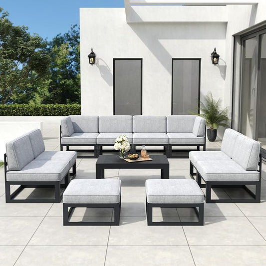 11 Pieces Aluminum Patio Furniture Set with Coffee Table, Metal Outdoor Conversation Sofa Set witVah Seating Cushions