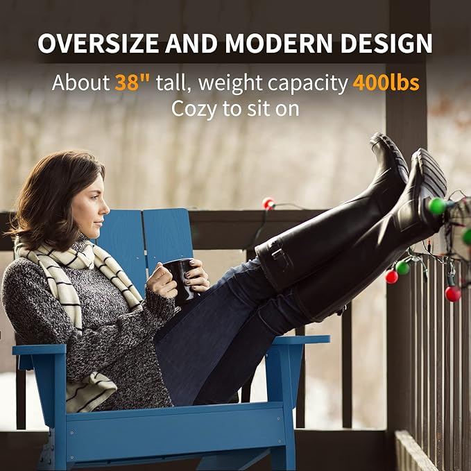 MXIMU Modern Adirondack Chair Weather Resistant with Cup Holder Oversized Fire Pit Chairs Adorondic Plastic Outdoor Chairs for Firepit Area Seating (Navy)