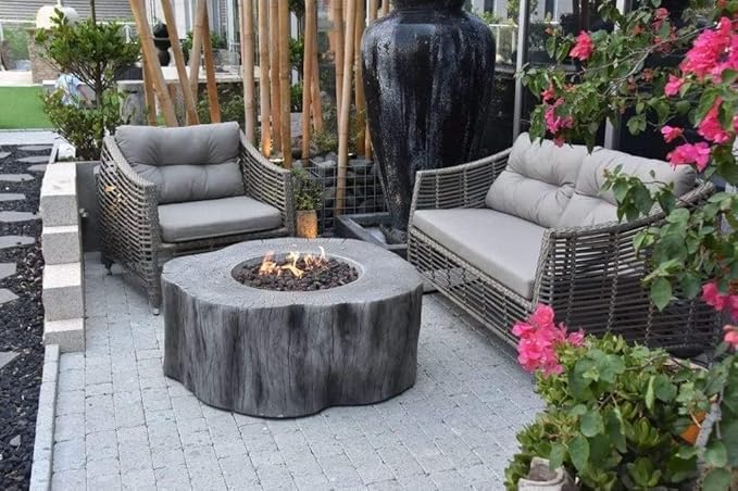 Elementi Manchester Gas Fire Pit Cast Concrete Fire Table, Outdoor Fire Pit Electronic Ignition | Canvas Cover, Lava Rock Included | Free AMS Wind Guard | Classic Gray (Propane Gas)