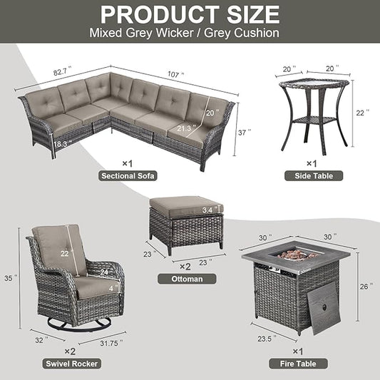 Belord Outdoor Sectional Furniture Sofa Set with Propane Fire Pit Table, Wicker Patio Conversation Set with 2 Swivel Rocker Glider Chairs Grey Cushion Perfect for Backyard Casual Gathering