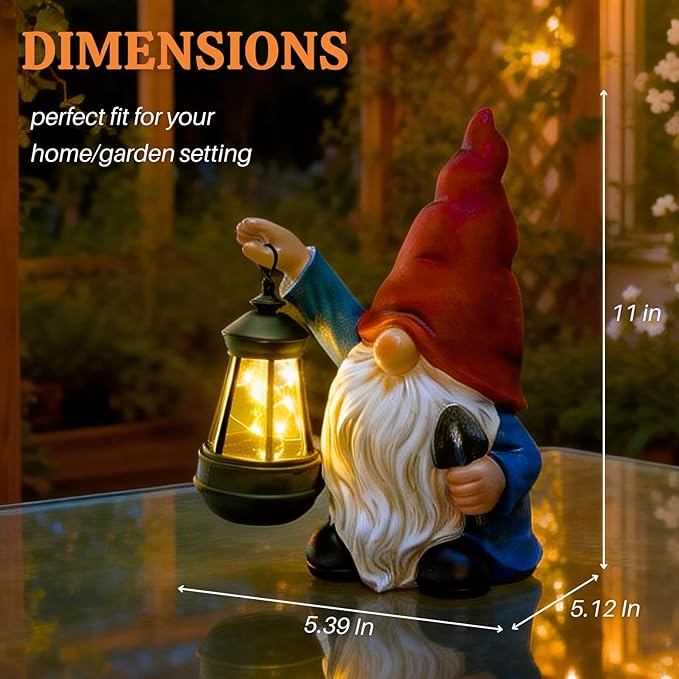 WONDHOME Garden Gnomes Statues Outdoor Decor with Shovel Solar Gnome with Lantern LED Lights,Terrace Xmas Courtyard Lawn Patio Porch Decoration Birthday Christmas Housewarming Gift for Mom Women