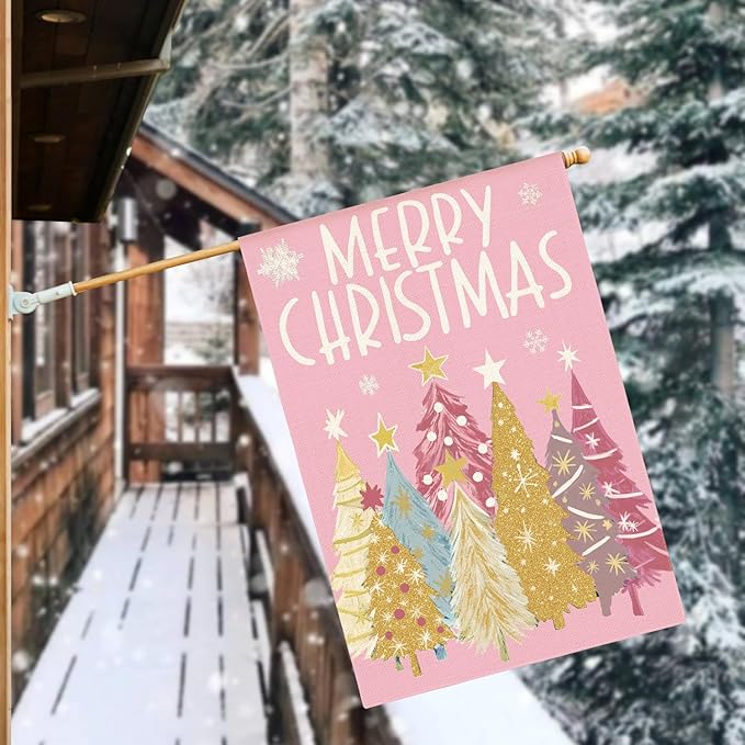 AVOIN colorlife Merry Christmas House Flag 28x40 Inch Double Sided Outside, Christmas Trees Winter Holiday Yard Outdoor Flag Pink