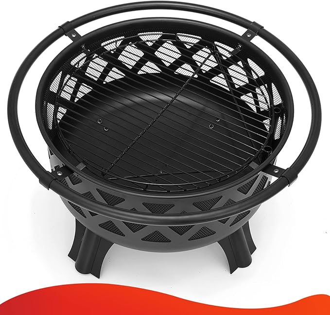 SINGLYFIRE 30 Inch Fire Pits for Outside with Grill Outdoor Wood Burning Firepit Large Steel Firepit Bowl for Patio Backyard Picnic Garden with Swivel BBQ Grill, Ash Plate,Spark Screen, Poker