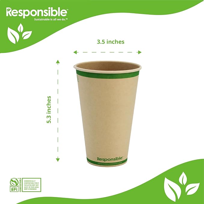Responsible Products Certified Compostable 16 oz Paper Cups, Cold ＆ Hot Coffee Cups, Disposable Paper Cups, Extra Strength Disposable Cups, Made without PFAS (50 count)