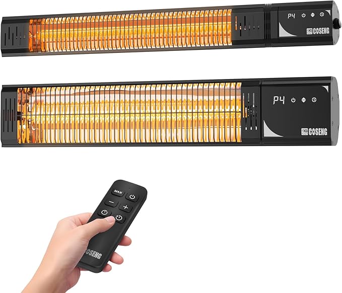 1500W Infrared Patio Heater, IP65 Waterproof Outdoor Electric Heater with Remote, 4 Heat Levels, 24H Timer, Memory Function, Fast Heating for Garage, Backyard, Black 2 pack