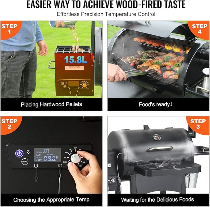 VEVOR Smoker Grill, Portable Wood Pellet Grill with Cart, 8 IN 1 BBQ Grill with PID Temperature Control for Outdoor Cooking, Barbecue Camping, Picnic, 730 sq, Patio and Backyard, Black