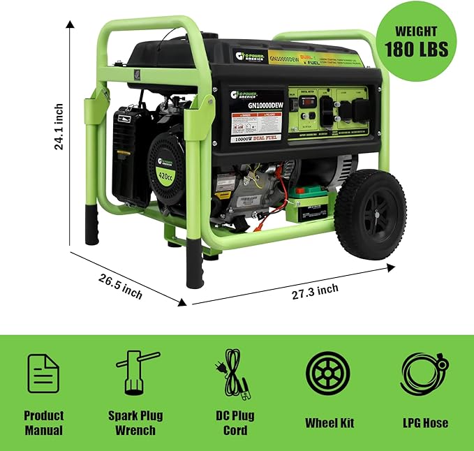 Green-Power America Dual Fuel Portable Generator 10000 Watt,Gas or Propane Powered,Electric Start, Home Back Up & RV Ready