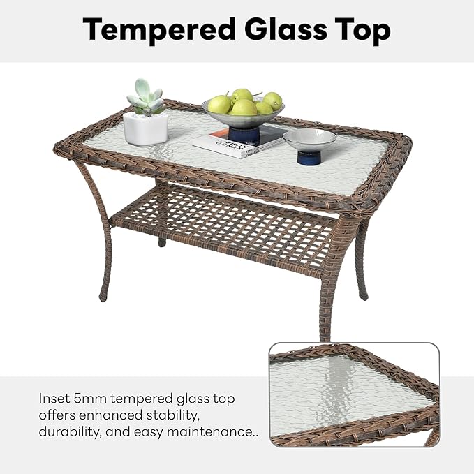 Belord 38 Inch Outdoor Coffee Table with 2 Tier Storage - Wicker Coffee Table with Water Ripple Texture Tempered Glass Top, All Weather Patio Coffee Table for Deck Porch Balcony Garden Brown