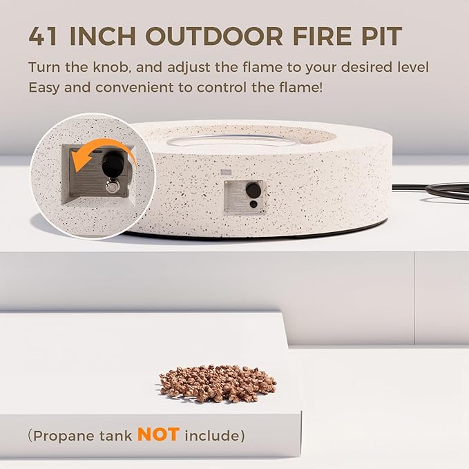 SUNBURY Outdoor 42inch Propane Fire Pit Table, 50,000 BTU Spotted White Patio Fire Table, Concrete Round Gas Fire Table w Lava Rocks