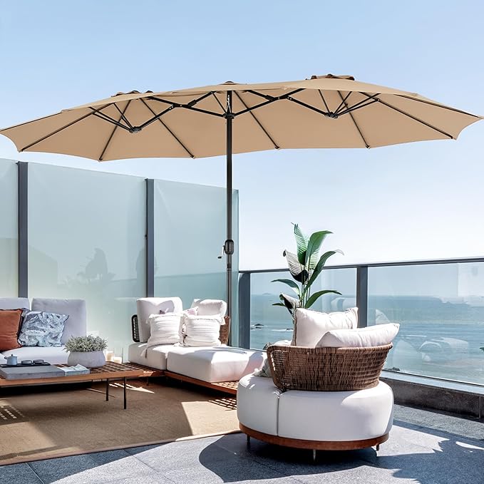 SMUG 15FT Large Patio Umbrella with Base Included, Rectangle Table Umbrella Outdoor Patio, Outside Umbrellas for Deck, Market, Backyard, khaki
