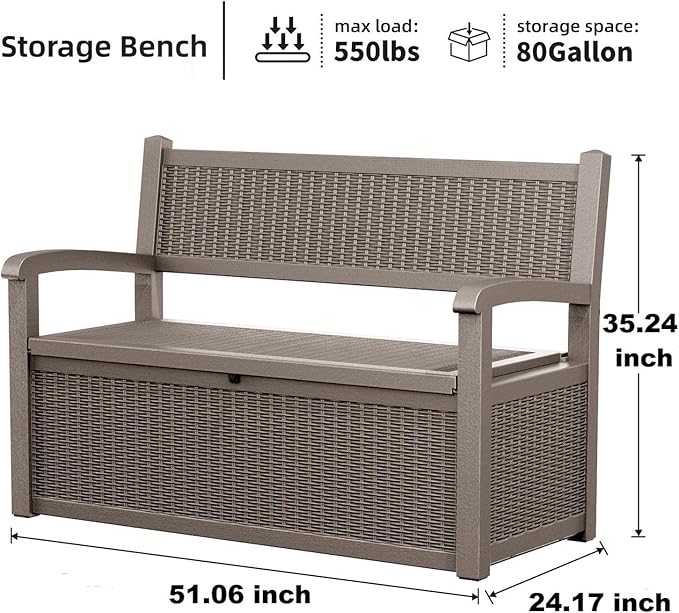 EasyUp 80 Gallon Outdoor Storage Bench, Waterproof and Lockable Deck Box Outdoor Storage Furniture for Patio,Garden,and Porch – Perfect for Storing Garden Tools and Cushions(Gray)