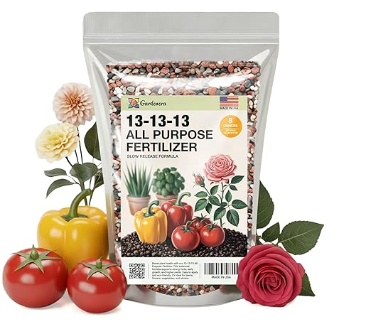 Gardenera 13-13-13 Slow Release Granular Fertilizer – All Purpose Plant Food 13 13 13 for Outdoor Grass, Vegetables, Roses, Flowers, Shrubs, Trees. Lawns, Gardens, Potted Plants (8 OZ)