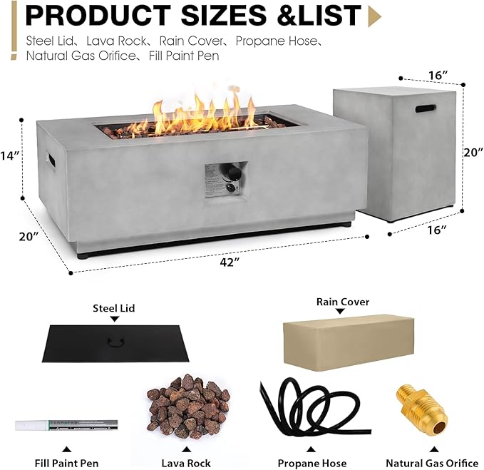 42inch Rectangular Fire Pit Table with Propane Tank Cover, Concrete Fire Table Outdoor CSA Certified 50,000 BTU Gas Firepits for Outside Patio Backyard Deck Garden, Grey