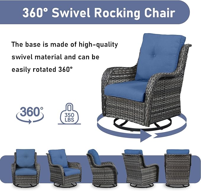 Wicker Rattan Patio Furniture Set - 7 Pieces Outdoor Couch with Swivel Chairs, Ottomans and Coffee Table for Deck, Poolside, Backyard - Grey/Blue